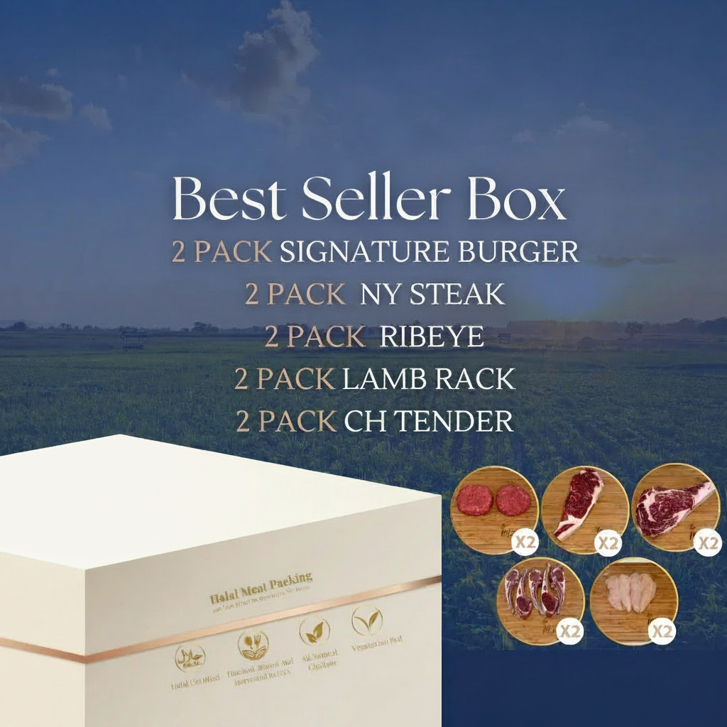prime Best Seller Box with beef cuts on a scenic background