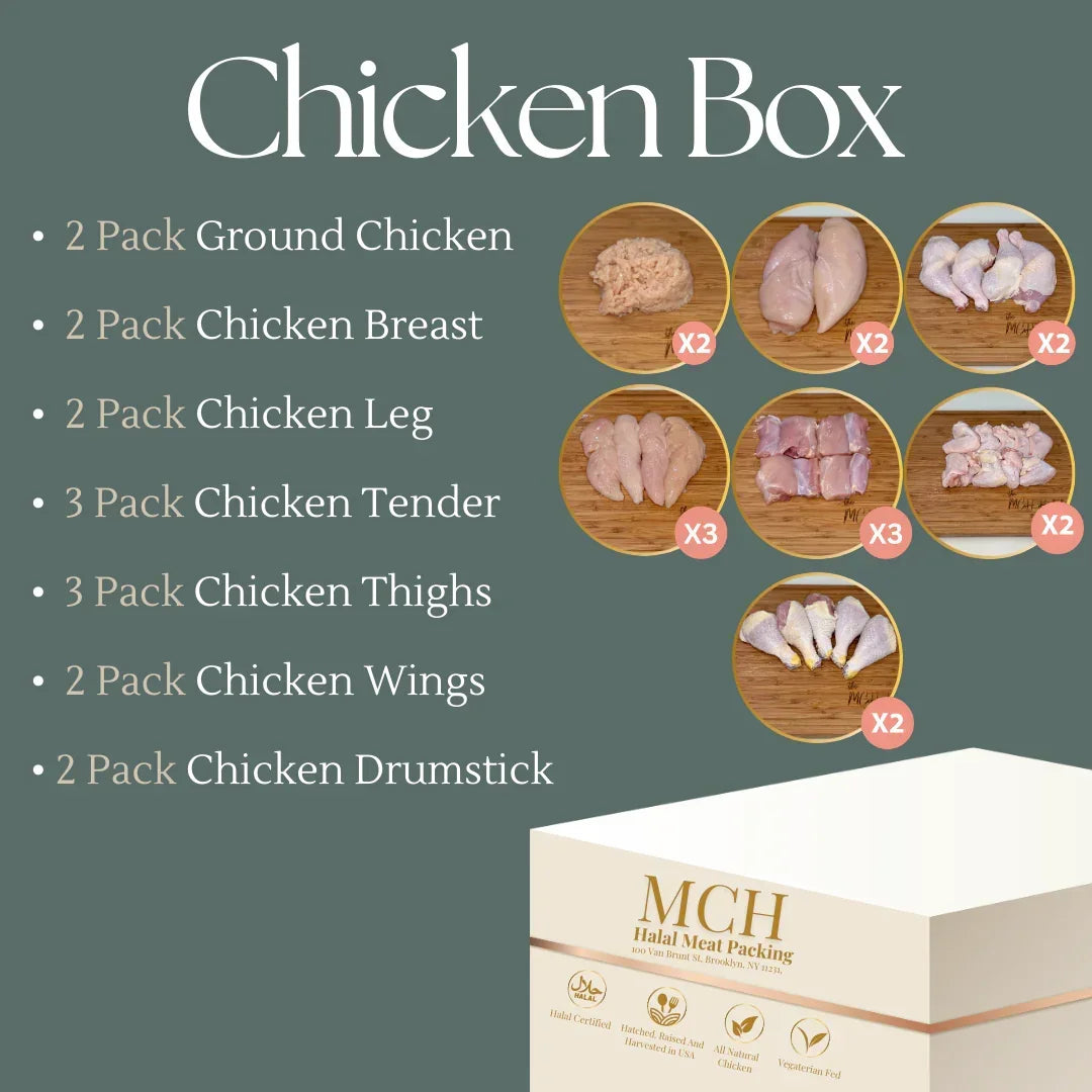 Chicken product box with various chicken parts and Prime branding on a green background