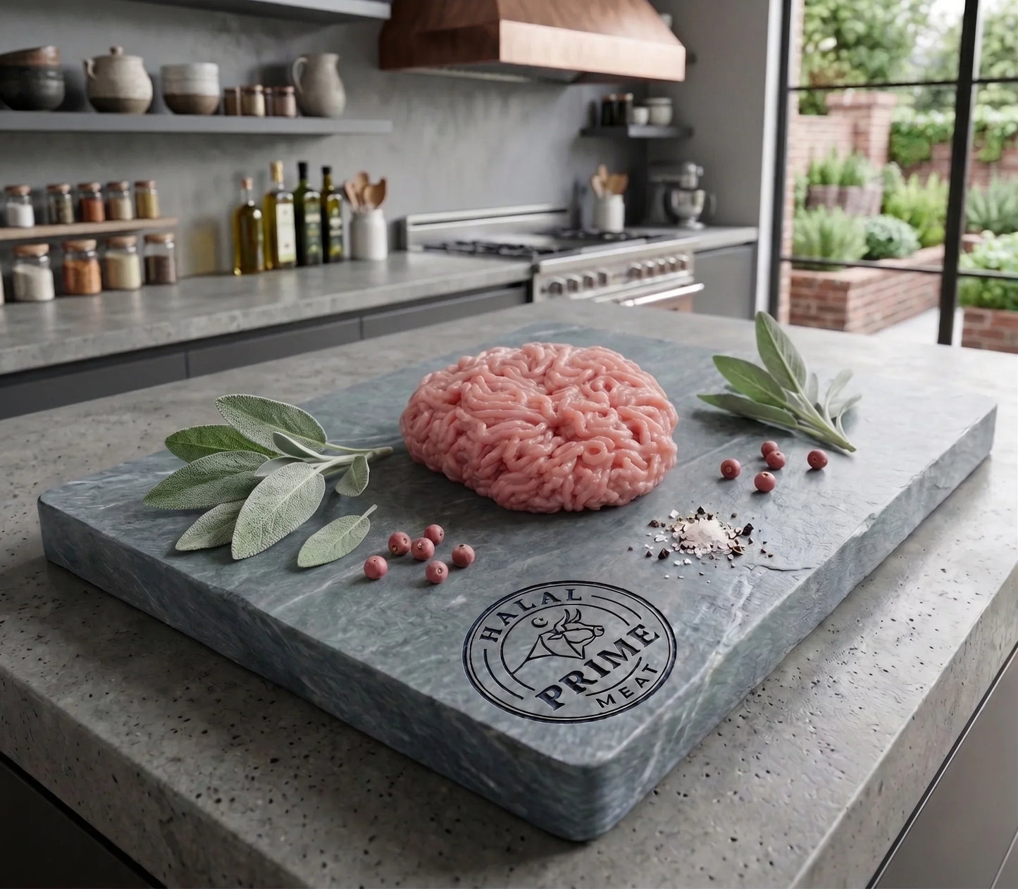 Ground veal on a stone cutting board with herbs surrounding it.