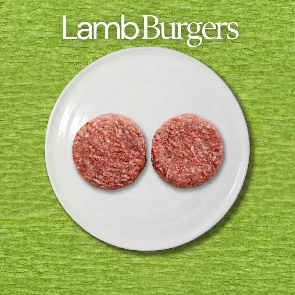 Two raw lamb burgers on a white plate with 'Lamb Burgers' text on a green background