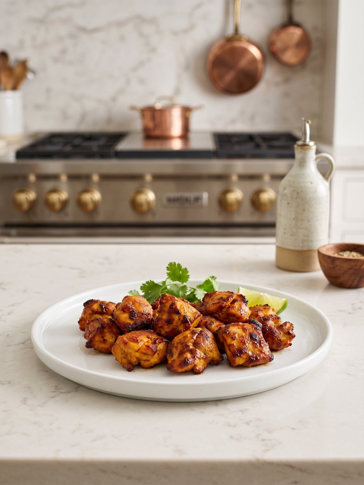 Photograph of charred tandoori chicken pieces on a white plate in a modern kitchen featuring a professional Wolf gas range, hanging copper pots, and fresh green cilantro with a lime wedge