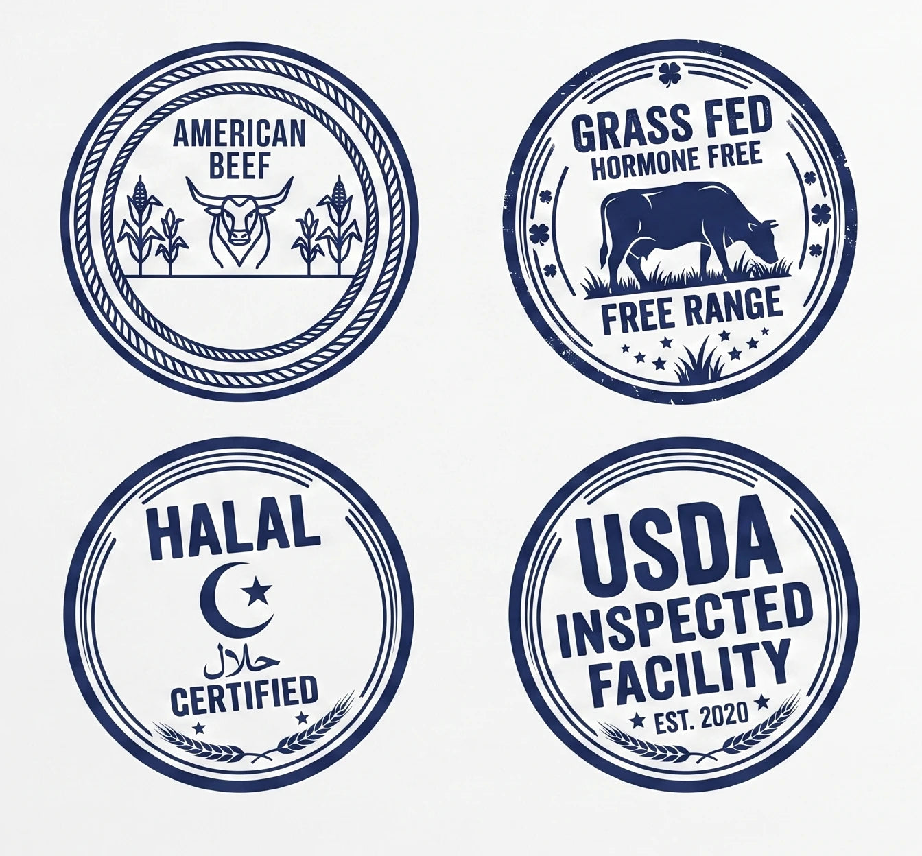 Four circular blue stamp-style labels on a white background, featuring text such as American Beef, Grass Fed Hormone Free Free Range, Halal Certified, and USDA Inspected Facility.