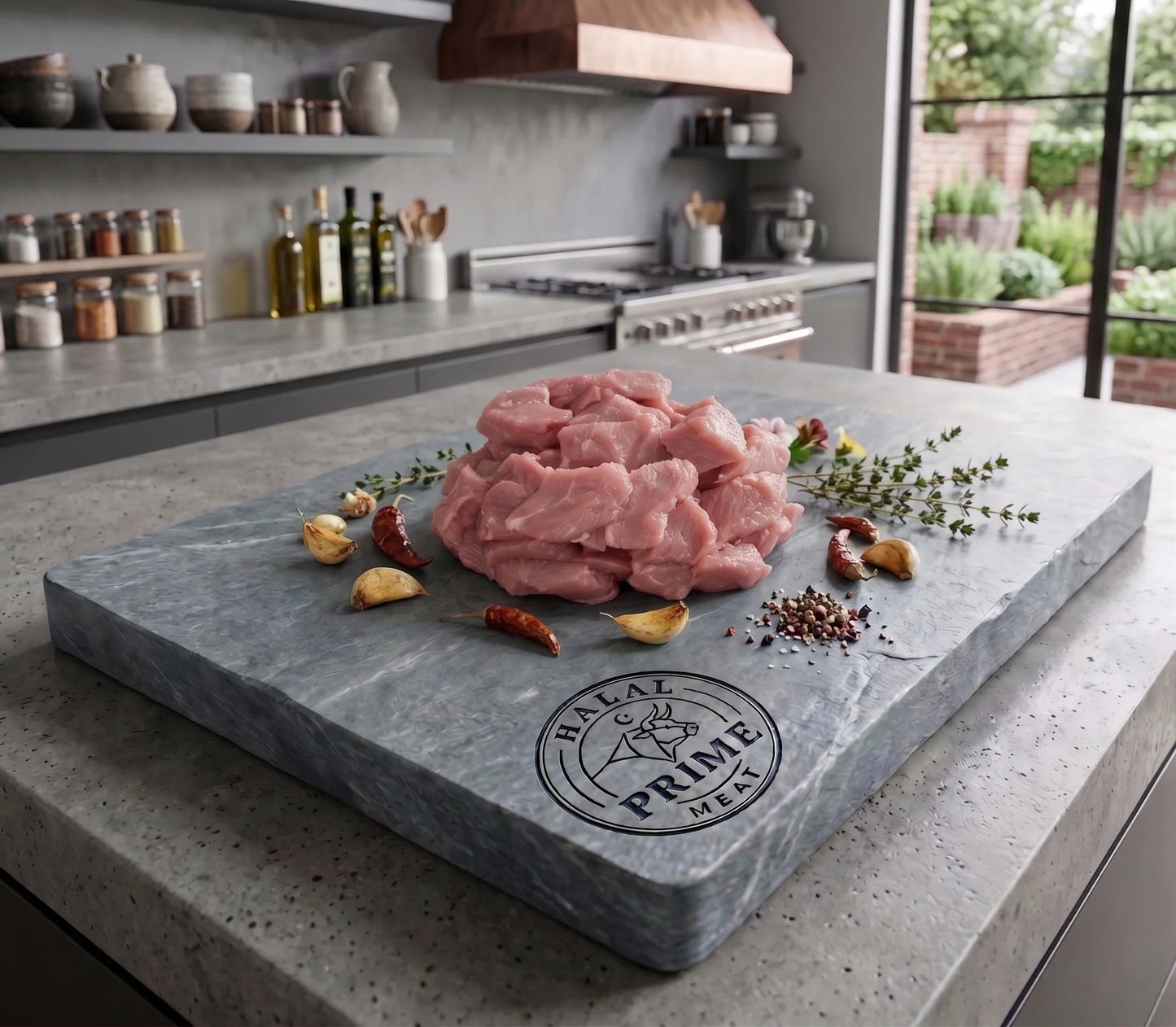 Raw Veal Stew piece on a stone cutting board.