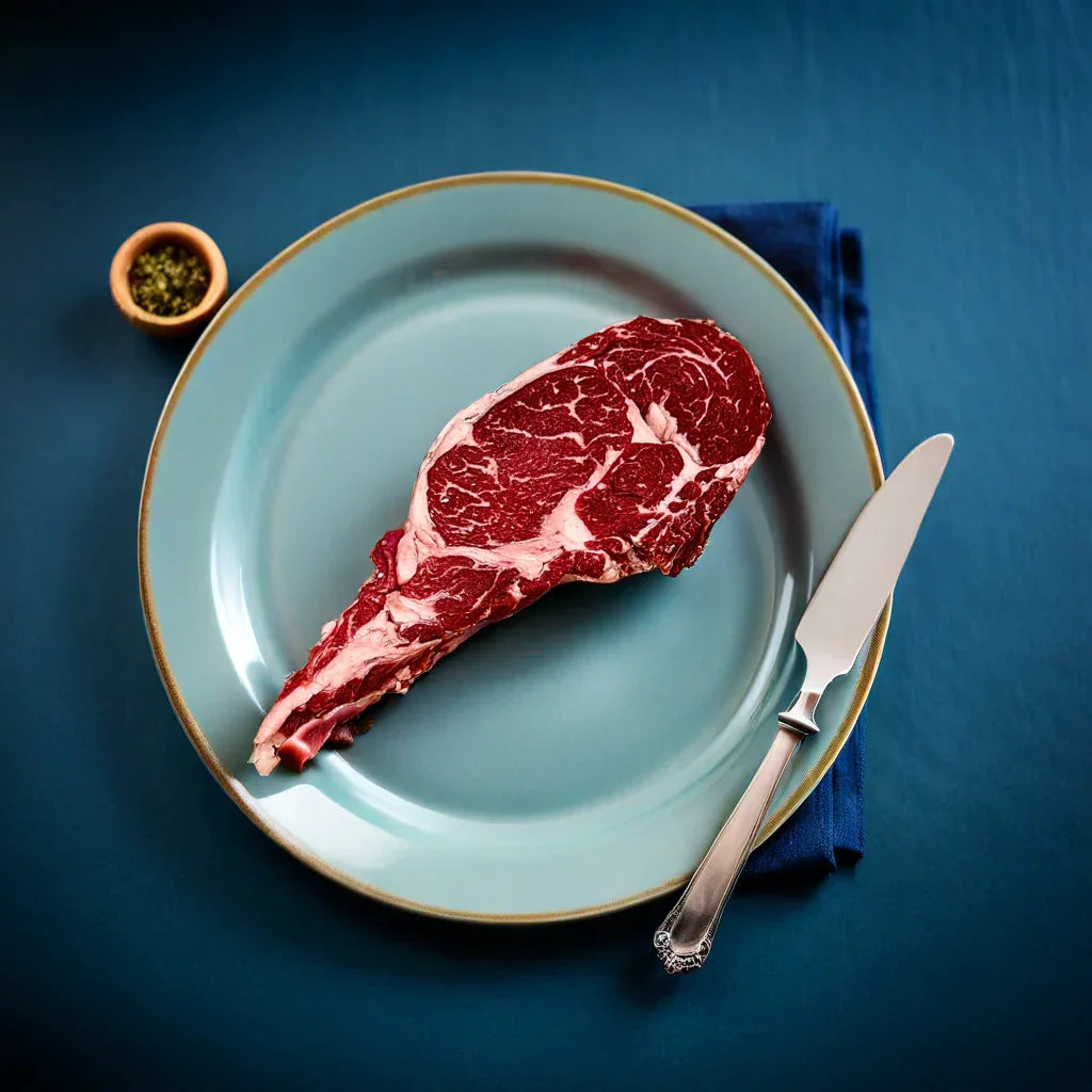 Juicy ribeye steak on blue plate with knife, fresh halal meat ready to cook