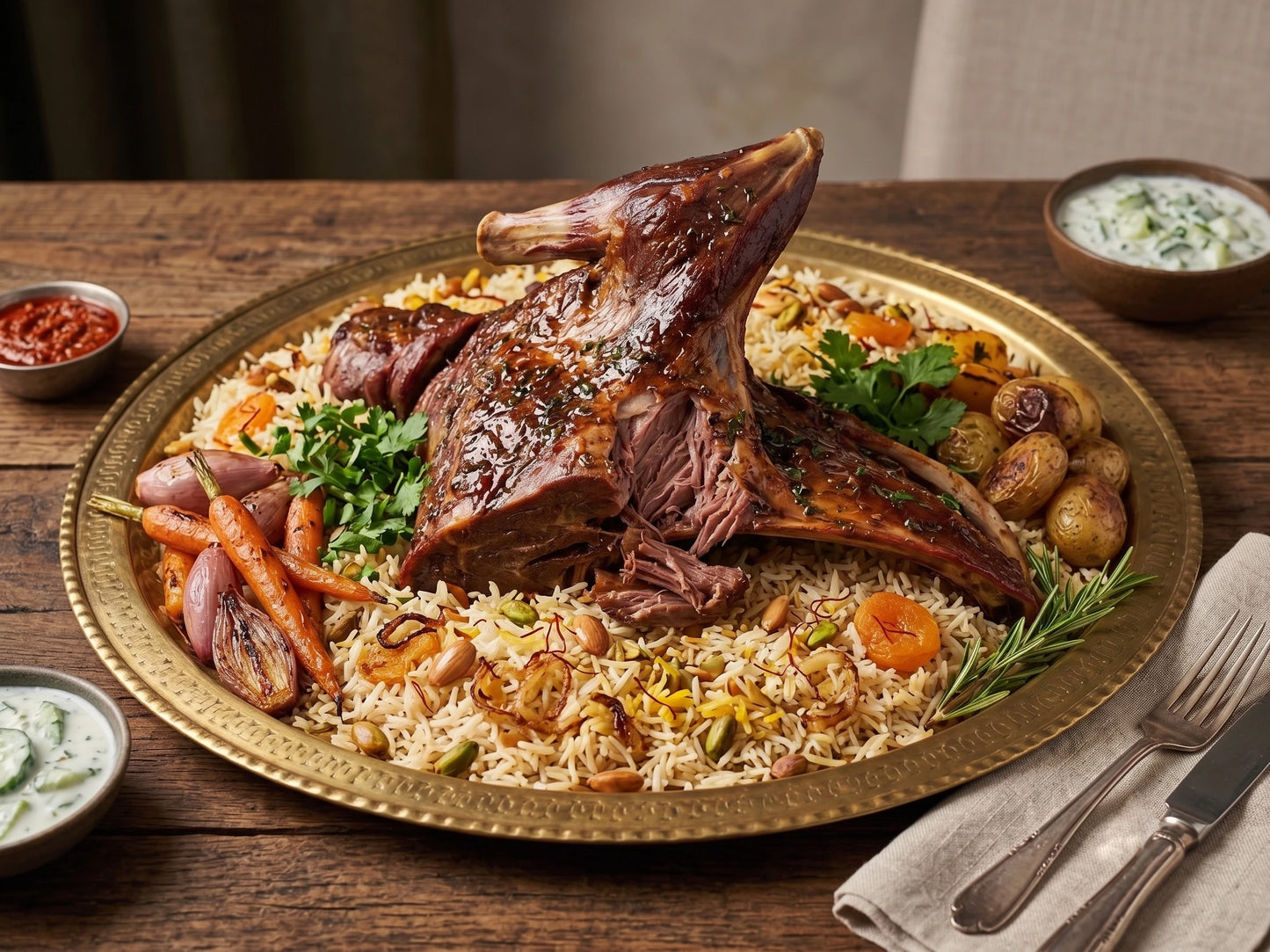 Goat shoulder cooked and plated on top of rice