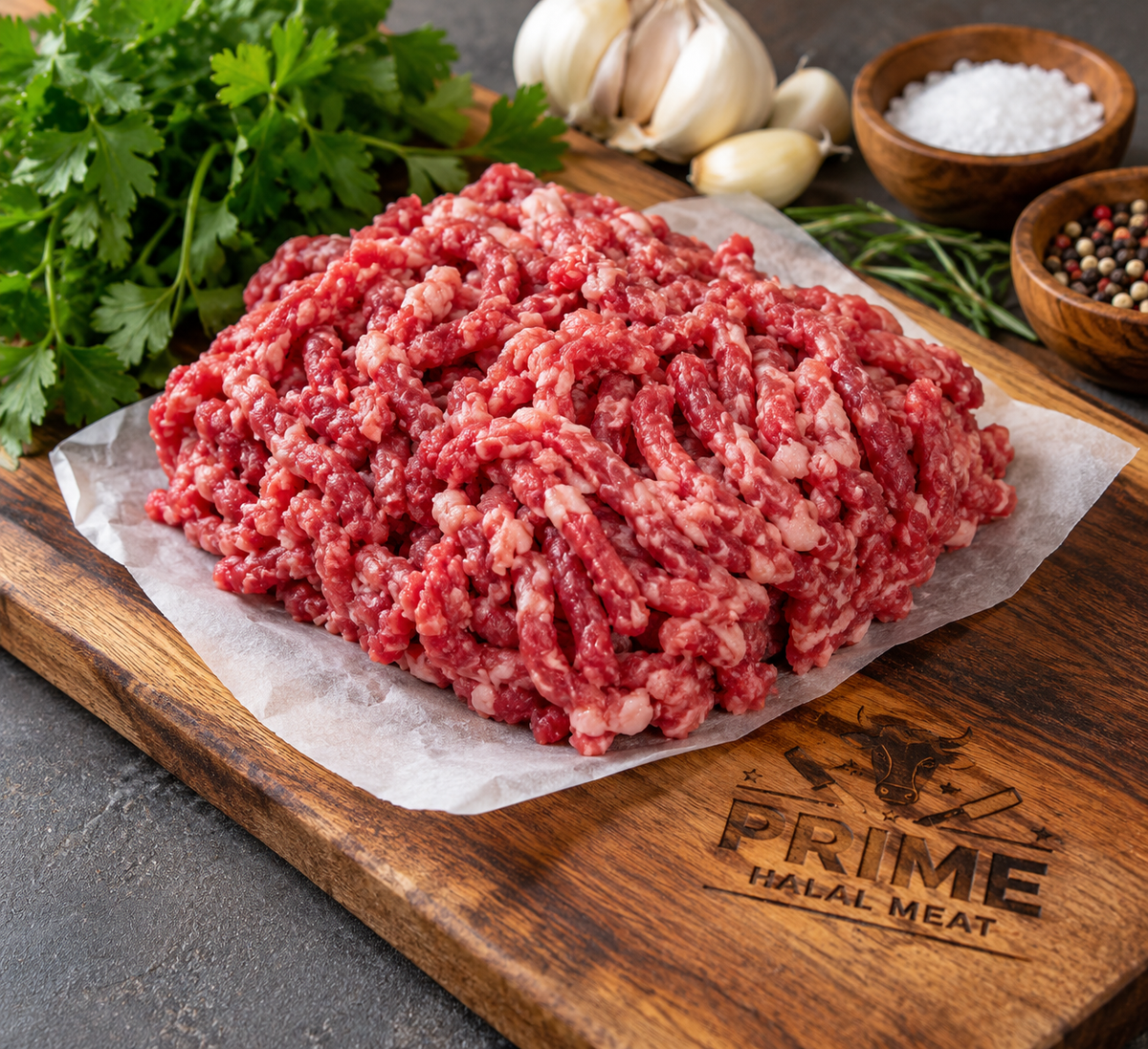 Ground beef and lamb mix on Prime Halal Meat cutting board