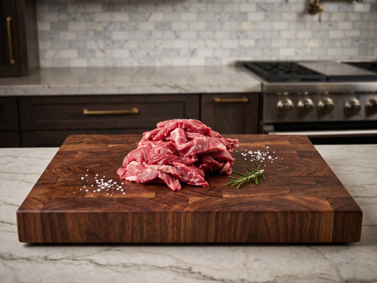 Digital photograph of sliced raw beef strips on a thick end-grain wooden cutting board in a luxury kitchen featuring scattered white salt flakes, a fresh green rosemary sprig, and a professional stainless steel range against a marble tile backsplash