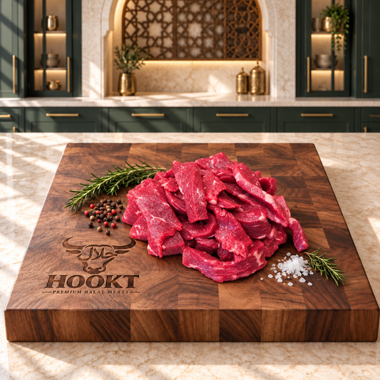 Beef Stir fry on a cutting board with the hookt logo on the bottom left corner.
