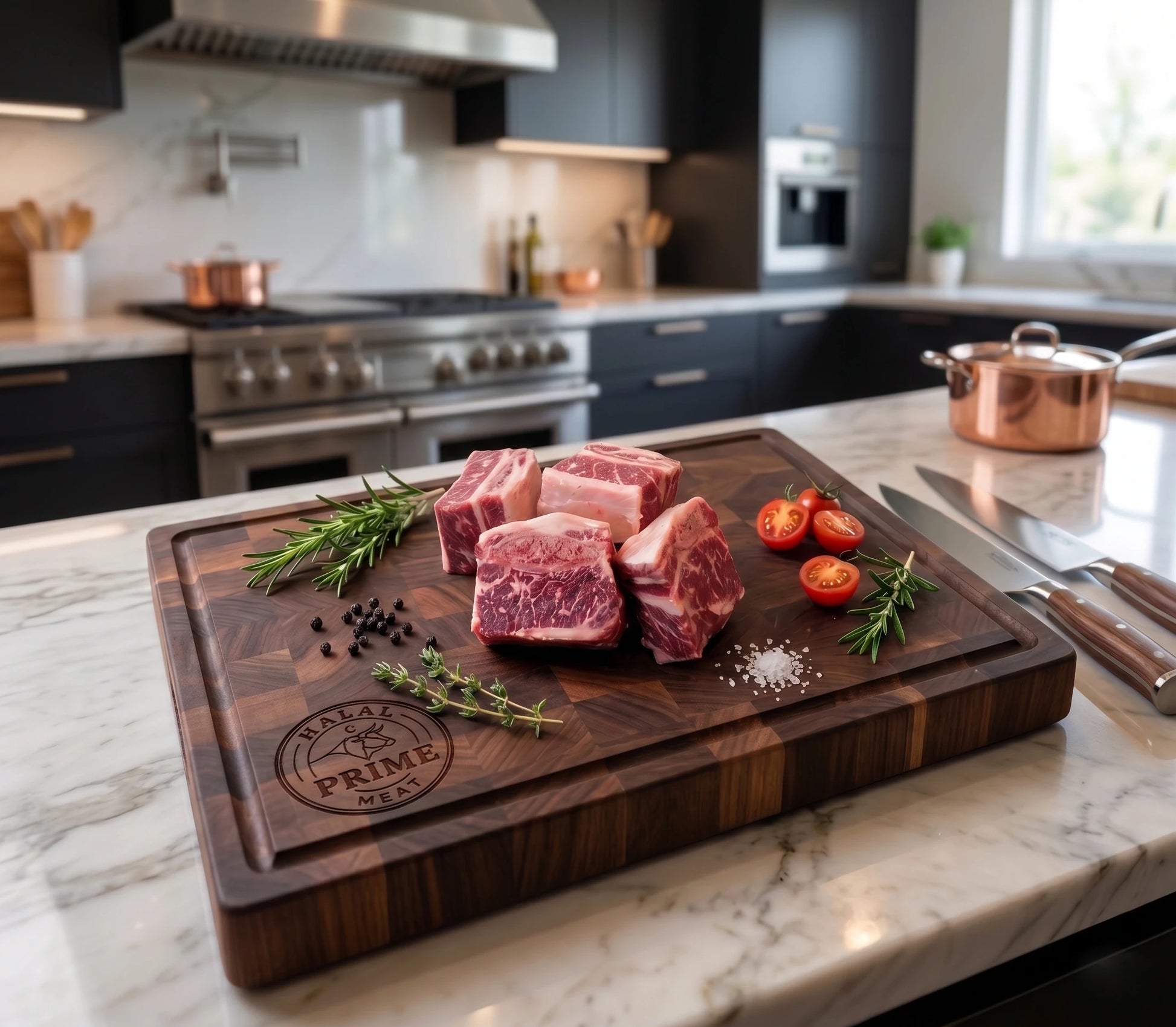Raw beef on a wooden cutting board with kitchen background