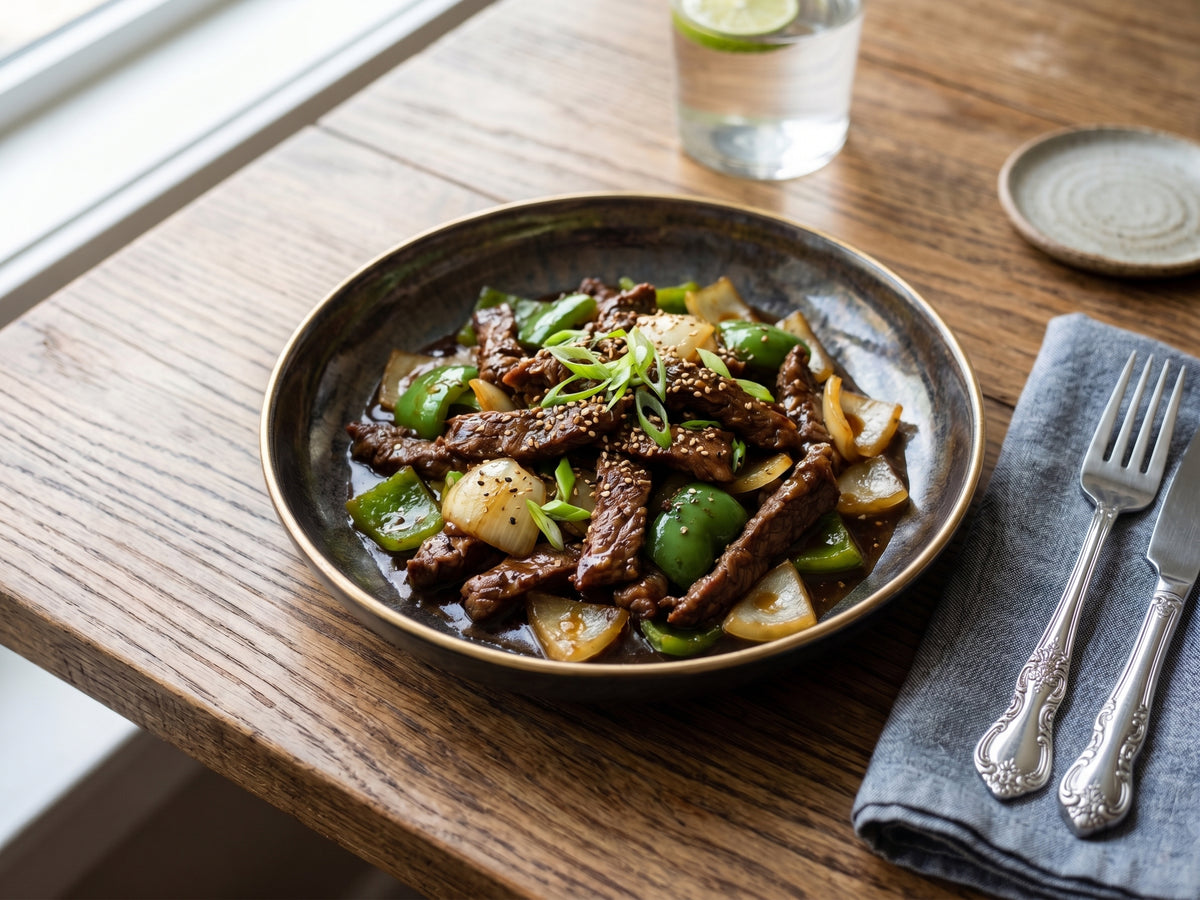 Digital photograph of a savory beef and green pepper stir-fry on a dark ceramic plate atop a wooden table featuring toasted sesame seeds, fresh scallions, and a silver fork on a blue napkin next to a glass of water with lime