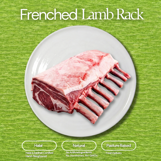 A raw frenched lamb rack with visible pink meat, white fat, and exposed bones on a white plate against a vibrant green textured background, featuring text labels Frenched Lamb Rack, Halal, Natural, and Pasture Raised qualities