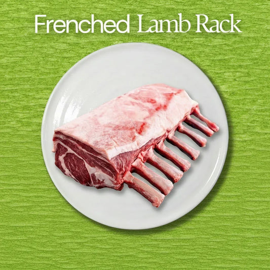 Raw lamb rack on a white plate with a green background and text 'Frenched Lamb Rack'.