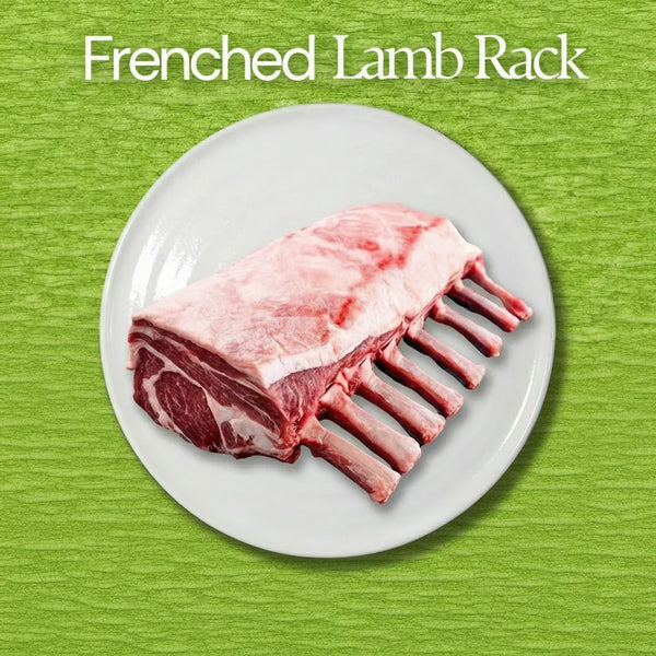 Raw lamb rack on a white plate with a green background and text 'Frenched Lamb Rack'.