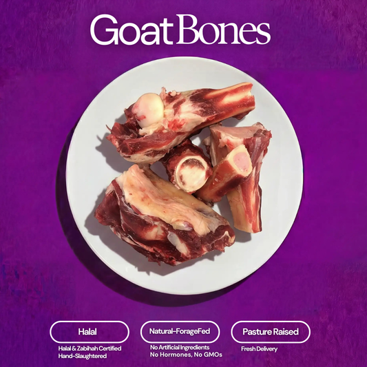 Product photograph of Goat Bones, showing raw cuts with dark red meat, white fat, and visible marrow on a white plate against a vibrant purple background, with additional labels Halal Natural-ForageFed and Pasture Raised
