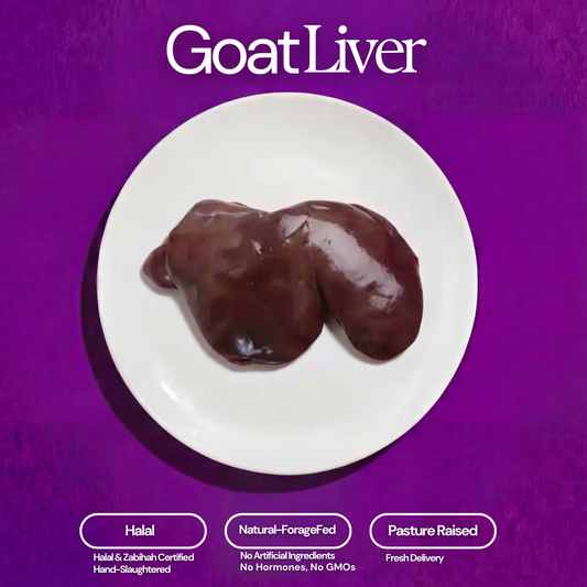 Raw goat liver on a white plate against a vibrant purple background with white text Goat Liver and descriptive labels Halal Natural-ForageFed Pasture Raised