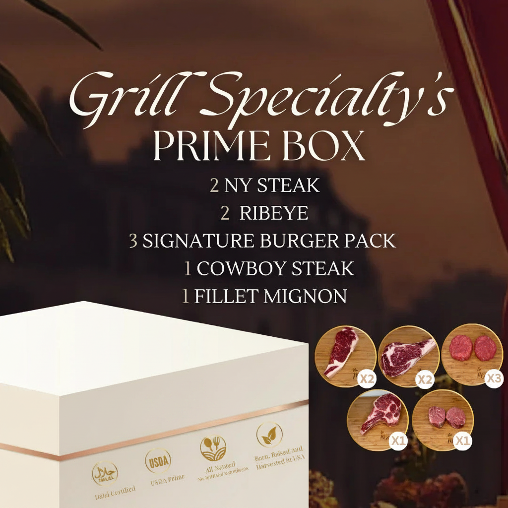 Promotional image of a 'Grill Specialty's Prime Box' with steak and burger pack details.
