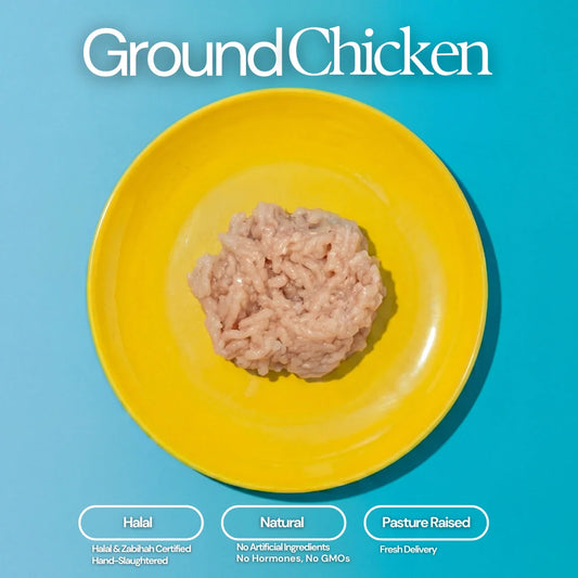 Product photography of pale pink ground chicken mounded on a vibrant yellow plate against a bright blue background, featuring prominent white text 'Ground Chicken' and informational labels 'Halal', 'Natural', 'Pasture Raised'