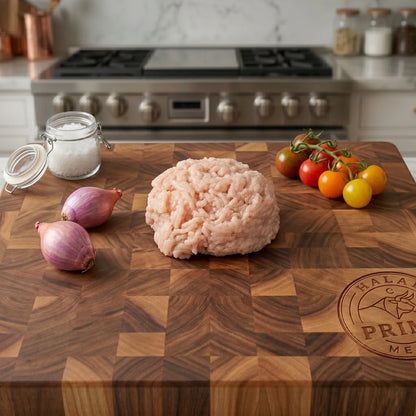Wooden cutting board with ground meat, onions, and tomatoes on a kitchen counter.