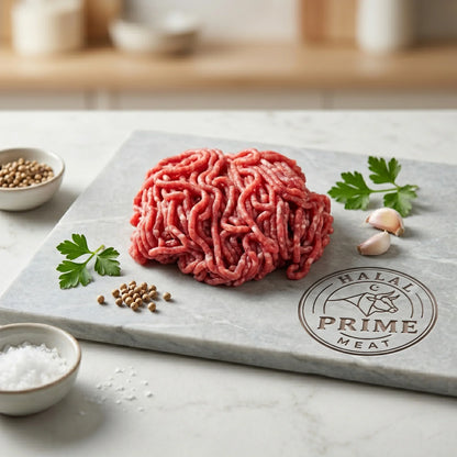 Ground lamb on a marble cutting board with 'Prime Halal Meat' branding, surrounded by spices and herbs.