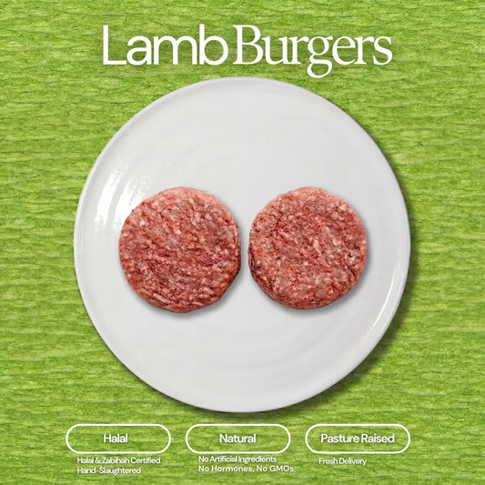 Digital image of two raw lamb burger patties on a white plate against a bright green background, featuring 'Lamb Burgers' text and labels for Halal, Natural, and Pasture Raised qualities