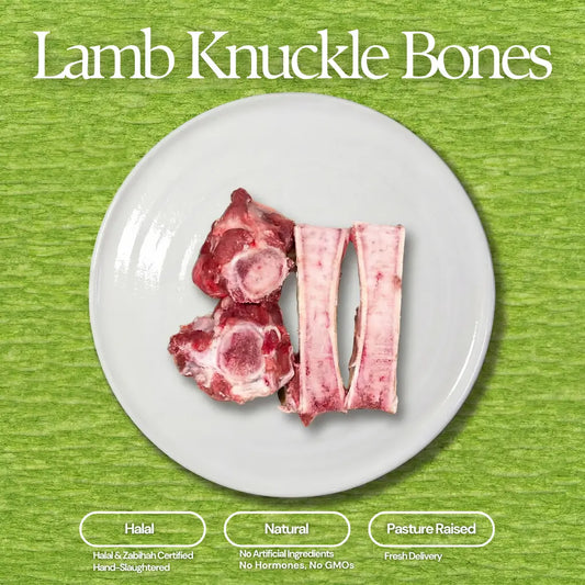 Raw Lamb Knuckle Bones displayed on a white ceramic plate, including two circular meaty knuckles and two long marrow bones, set against a vibrant green textured background with prominent text overlays indicating "Lamb Knuckle Bones", "Halal", "Natural", and "Pasture Raised" qualities