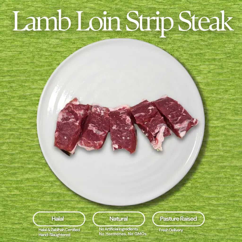 Product photography of five raw Lamb Loin Strip Steaks on a clean white plate against a vibrant green background, displaying rich red meat with white marbling and labels for Halal, Natural, and Pasture Raised