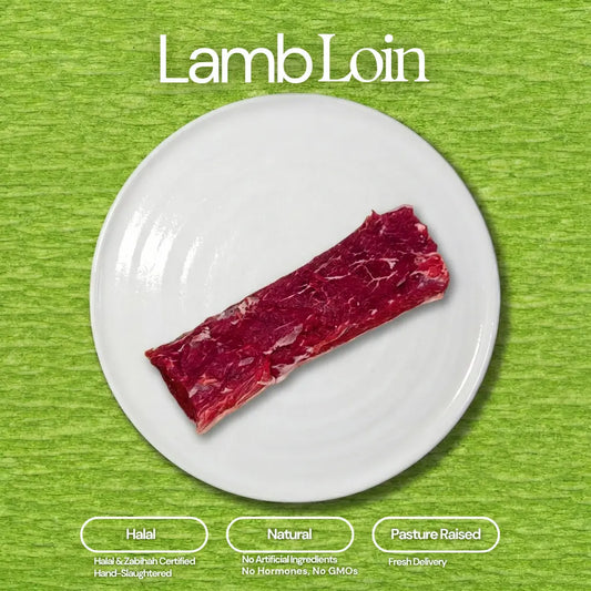 A vibrant red raw lamb loin on a white plate against a textured green background with Lamb Loin title and descriptive labels Halal Natural and Pasture Raised