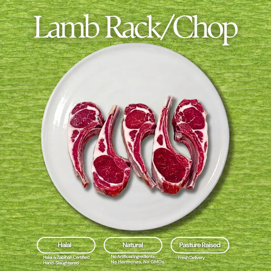 A product image showing four vibrant raw lamb rack chops with red meat and white bones arranged on a white plate against a textured green background highlighting Halal Natural Pasture Raised qualities