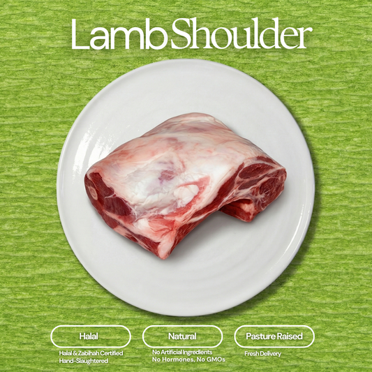 Raw lamb shoulder on a white plate against a vibrant green textured background, featuring text overlays Lamb Shoulder Halal & Zabihah Certified Hand-Slaughtered Natural No Artificial Ingredients No Hormones No GMOs and Pasture Raised Fresh Delivery