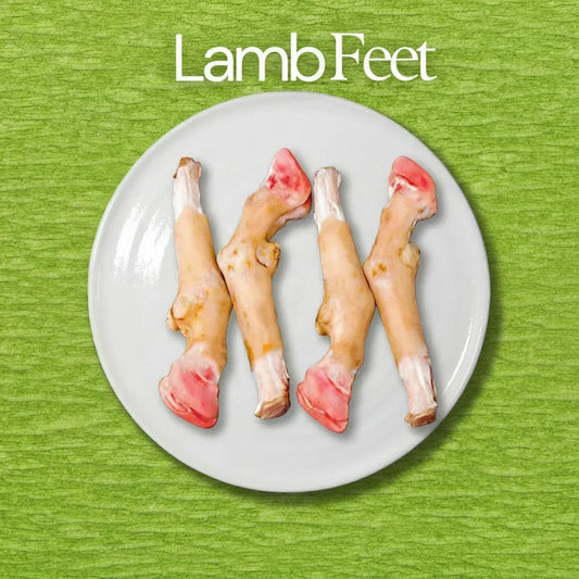 Four lamb feet on a white plate with 'Lamb Feet' text on a green background