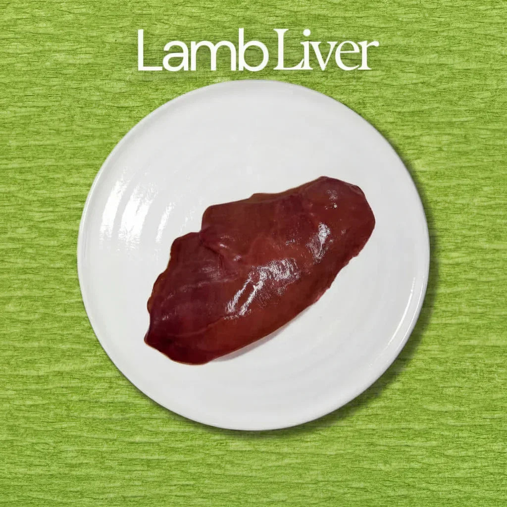 Lamb liver on a white plate with 'Lamb Liver' text on a green background