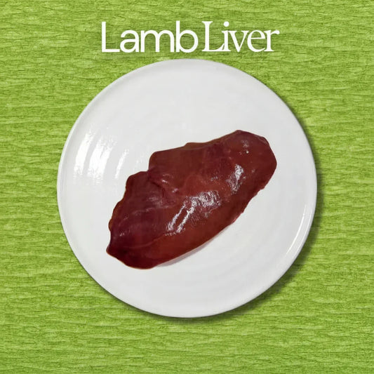 Lamb liver on a white plate with 'Lamb Liver' text on a green background