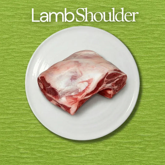 Raw lamb shoulder on a white plate with a green background and 'Lamb Shoulder' text.