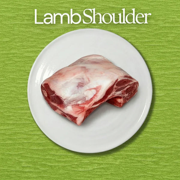 Raw lamb shoulder on a white plate with a green background and 'Lamb Shoulder' text.