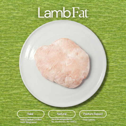 A slab of light pink lamb fat centered on a white plate against a vibrant green textured background with "Lamb Fat" text at the top and three descriptive labels for Halal Natural and Pasture Raised at the bottom