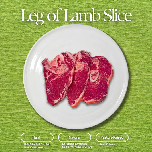 Photography of three raw leg of lamb slices on a white plate against a vibrant green textured background, highlighted by text indicating Halal certified, Natural with no GMOs, and Pasture Raised for fresh delivery