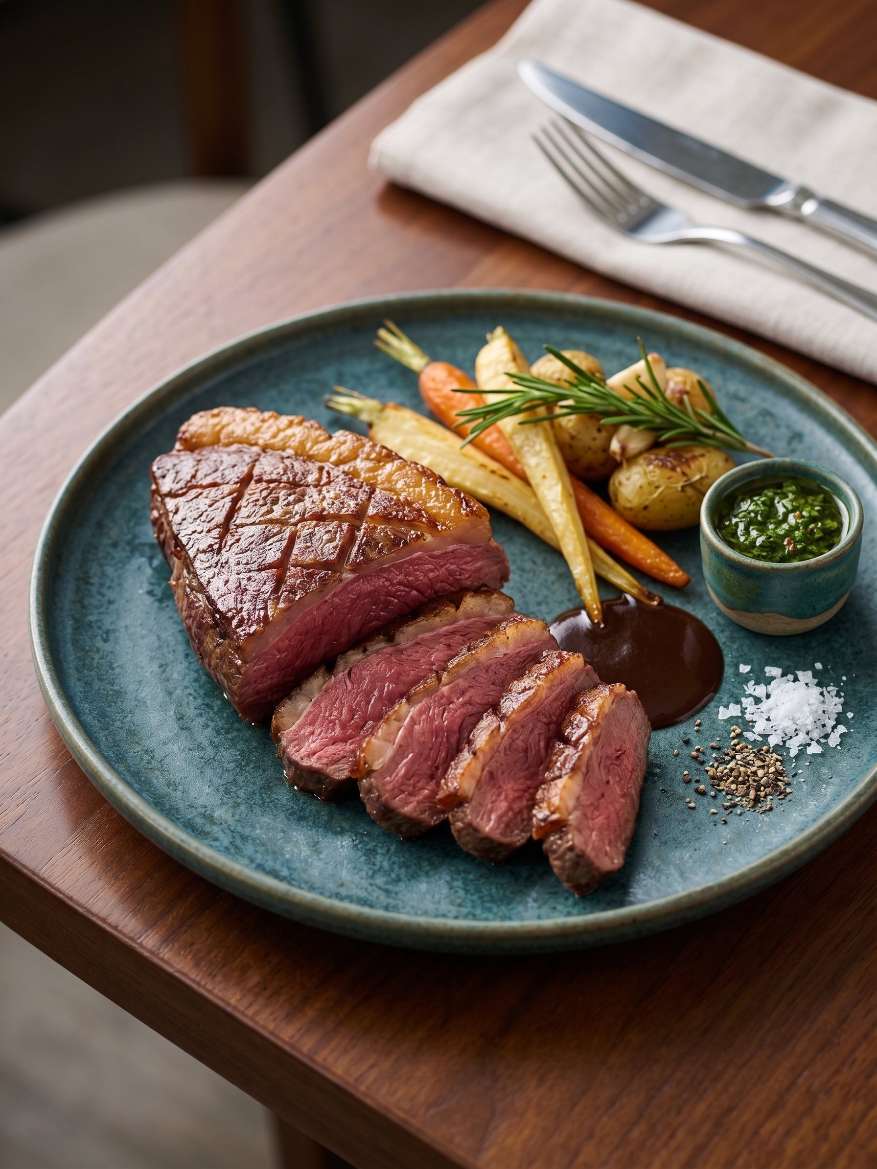 Professional food photograph of sliced pan-seared duck breast with cross-hatched skin on a teal ceramic plate featuring roasted root vegetables, a sprig of fresh rosemary, and a bowl of vibrant green herb sauce on a wooden table