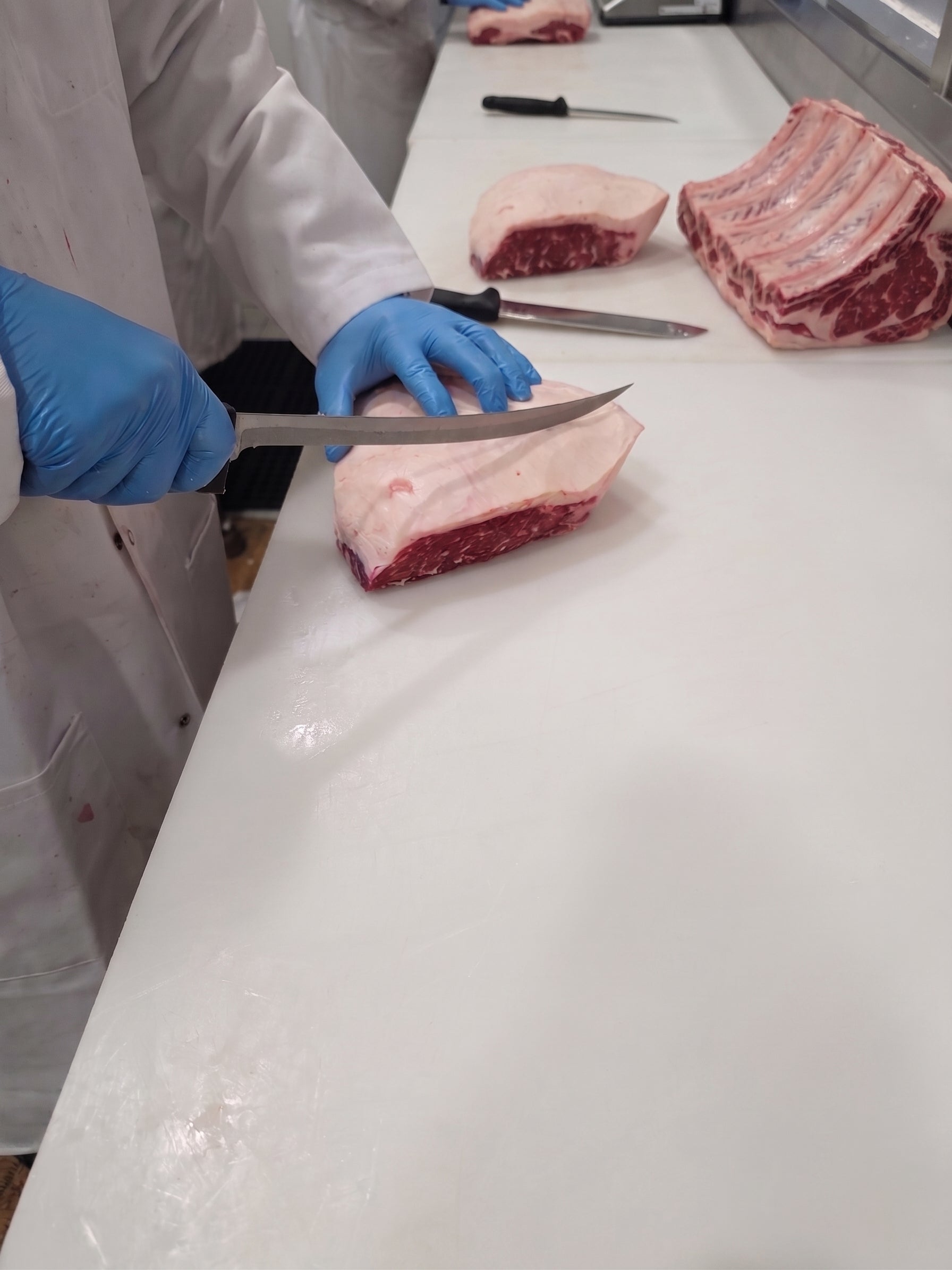 Photograph of a butcher wearing blue nitrile gloves and a white coat slicing a marbled beef roast with a long curved knife on a white preparation table in a professional kitchen featuring a large standing rib roast and thick white fat layers