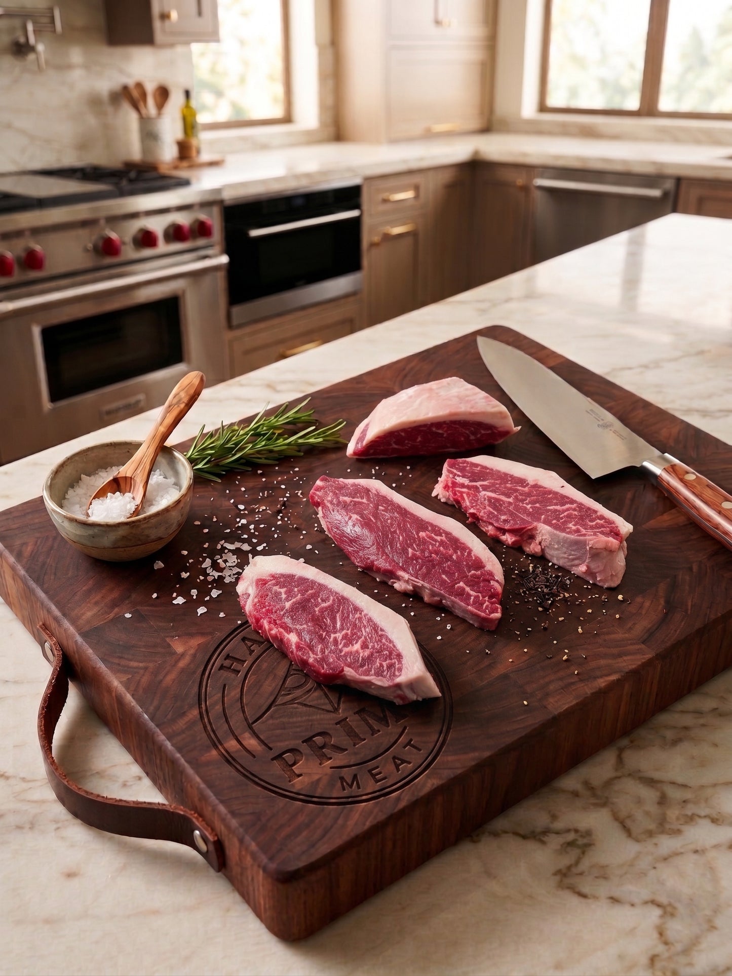 Professional lifestyle photograph of raw marbled beef steaks on a branded wood cutting board with leather handles in a luxury kitchen featuring a Wolf range with red knobs, fresh green rosemary, and coarse sea salt crystals