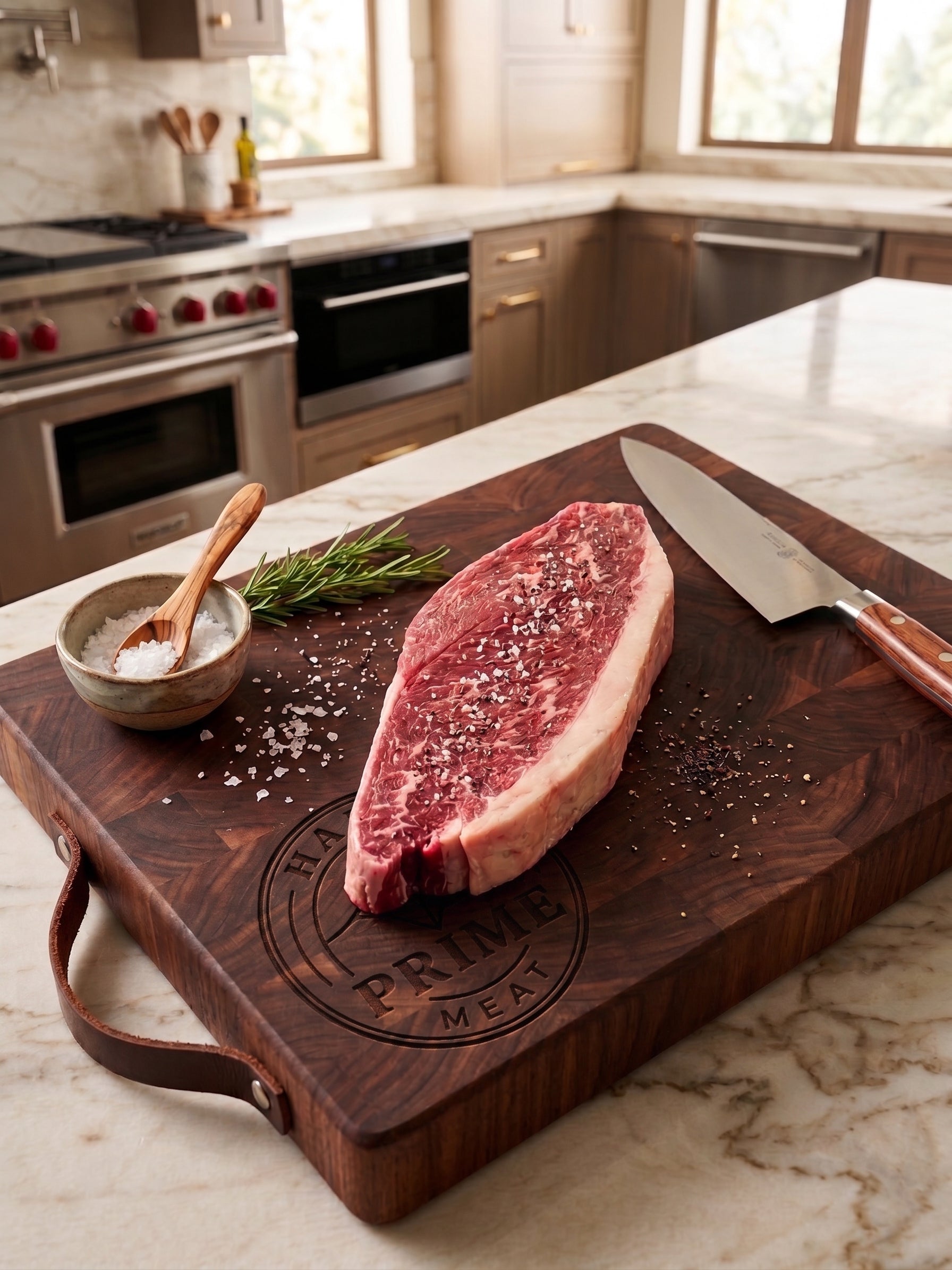 A professional photograph of a raw marbled prime steak on a branded PRIME MEAT wood cutting board in a luxury kitchen featuring a red-knobbed Wolf range, coarse sea salt flakes, and a vibrant sprig of fresh rosemary