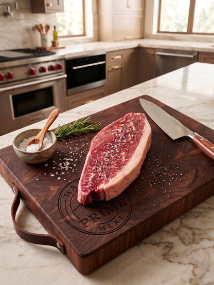 A professional photograph of a raw marbled prime steak on a branded PRIME MEAT wood cutting board in a luxury kitchen featuring a red-knobbed Wolf range, coarse sea salt flakes, and a vibrant sprig of fresh rosemary