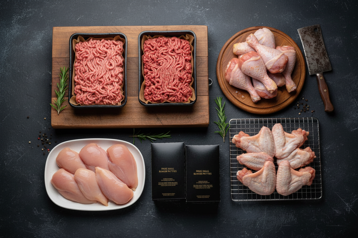 Assorted raw meat products including ground beef, chicken breasts, and wings on a dark surface.