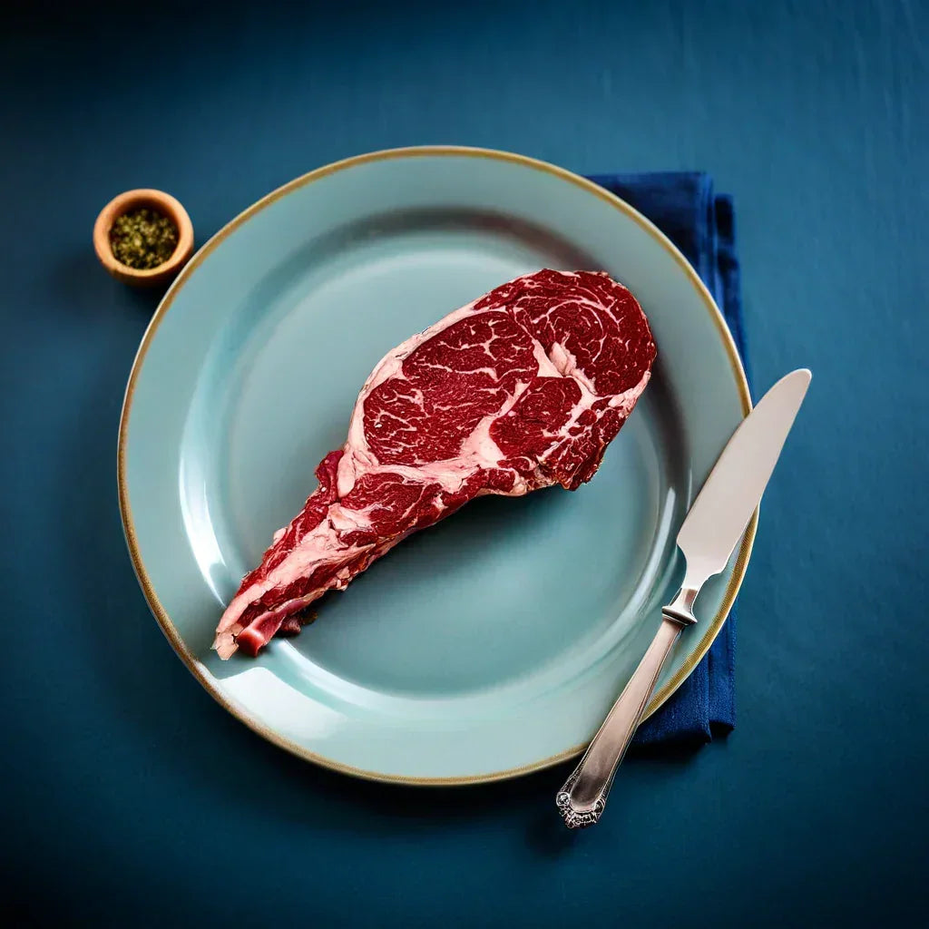 Juicy ribeye steak on blue plate with knife, fresh halal meat ready to cook