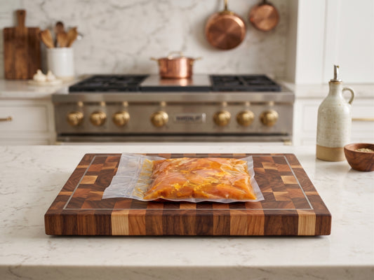 Digital photograph of a vacuum-sealed bag containing marinated salmon on a checkered walnut end-grain cutting board with a silver inlay in a luxury kitchen featuring a professional-grade range with gold-toned knobs and hanging copper pots