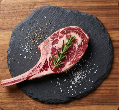 Raw tomahawk steak on a slate board with rosemary and salt, on a wooden surface