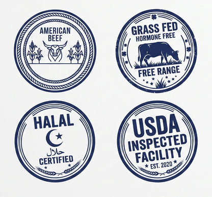 Four circular blue stamp-style labels on a white background, featuring text such as American Beef, Grass Fed Hormone Free Free Range, Halal Certified, and USDA Inspected Facility.