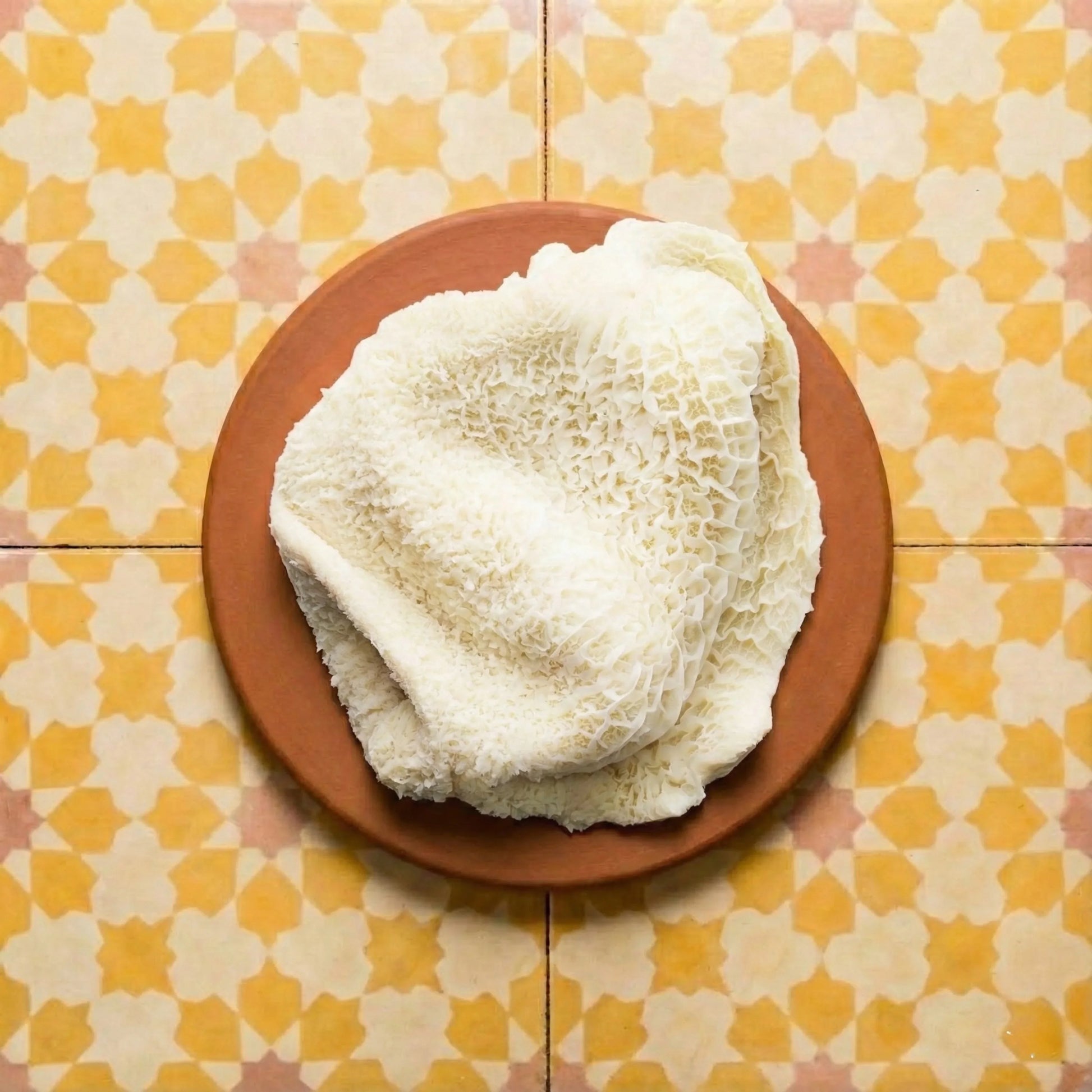 White honeycomb tripe on a brown earthenware plate against a background of yellow and white geometric Moroccan Zellige tiles