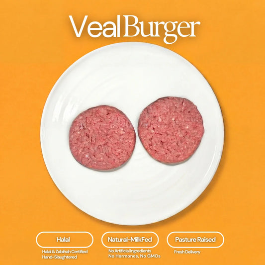 Photograph of two raw, round veal burger patties on a white plate against a vibrant orange background with white text "Veal Burger" above and three white-bordered orange labels below stating "Halal & Zabihah Certified Hand-Slaughtered" "Natural-MilkFed No Artificial Ingredients No Hormones No GMOs" and "Pasture Raised Fresh Delivery"