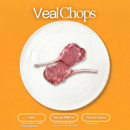 Two raw bone-in veal chops presented on a white plate against a vibrant orange background with text indicating Halal, Natural-MilkFed, and Pasture Raised qualities