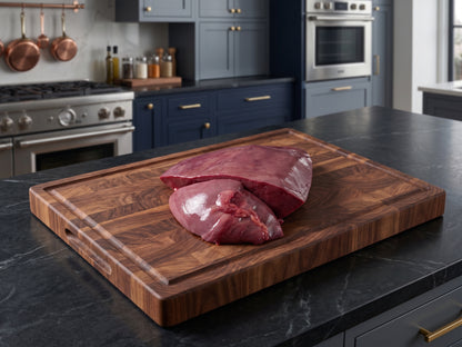 A thick, rectangular wooden butcher block cutting board with a rich dark brown grain, shown on a black marble kitchen countertop with raw meat placed on top. The background features a modern kitchen with navy blue cabinets and stainless steel appliances.